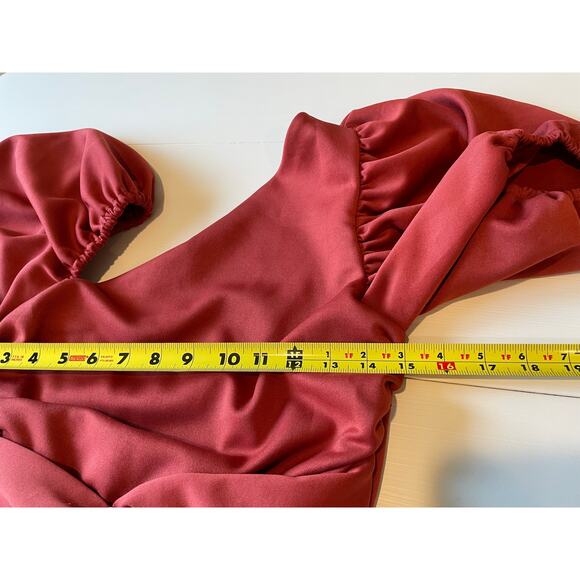 Asos Design Asymmetric Puff Sleeve Knot Tuck Midi Dress Sz 6 Sheath Terracotta - Picture 10 of 12